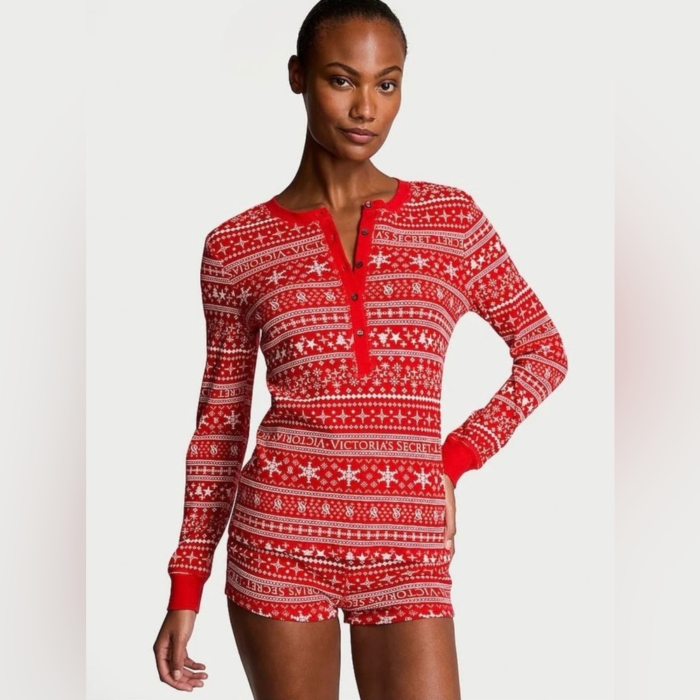 Victoria’s Secret Thermal Pajama Set Women’s M Red Fair Isle Top & Shorts